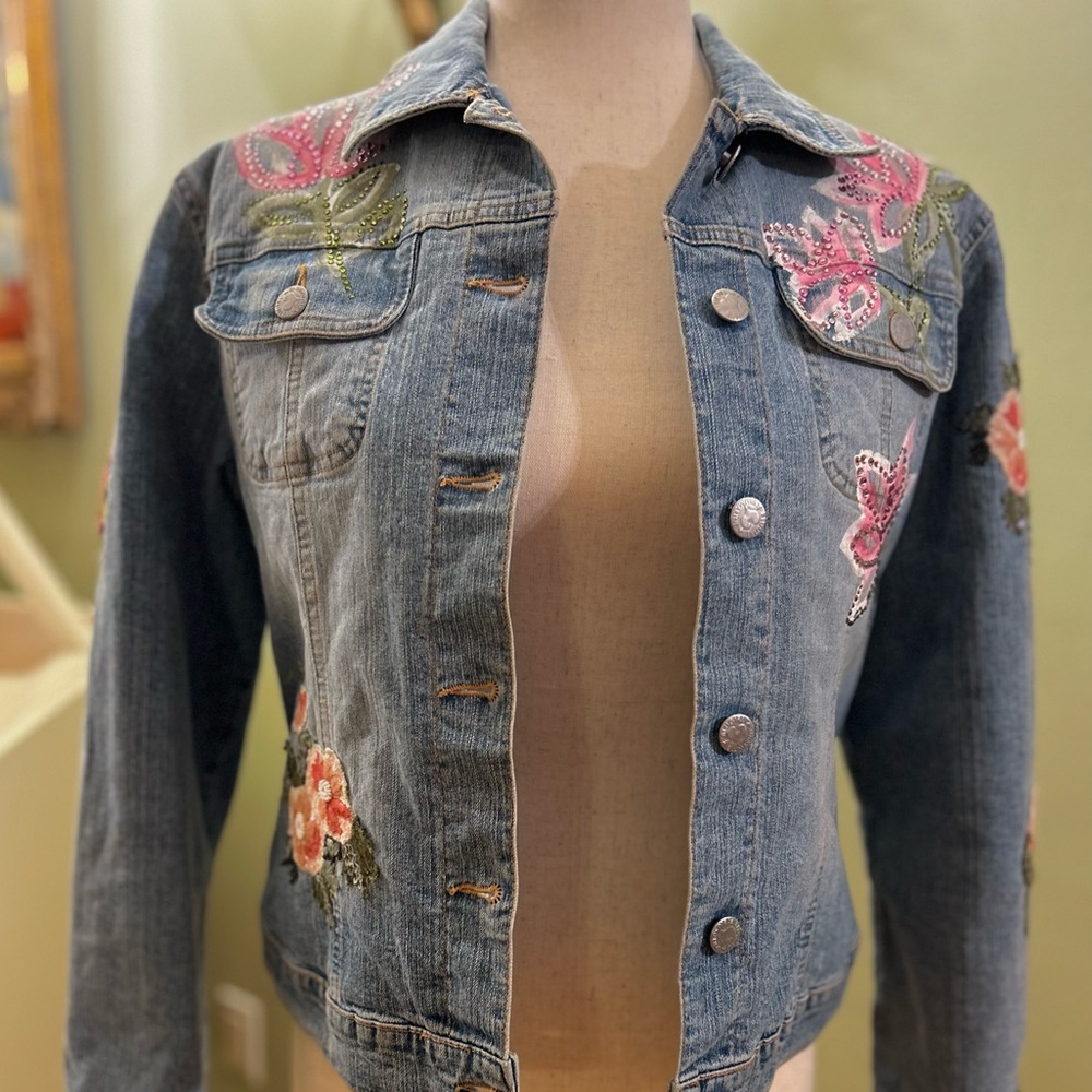 Blumarine Embroidered Denim Jacket with Pink and Green Accents